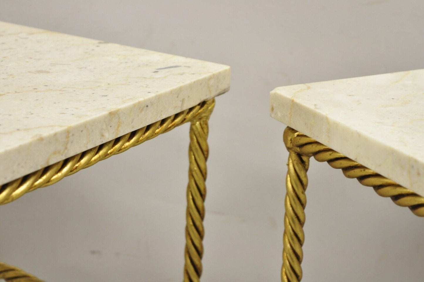 Italian Hollywood Regency Gold Gilt Iron Rope Tassel Marble Top Side Table Pair