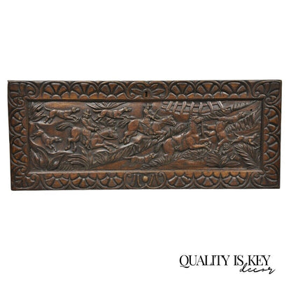 Antique Oak Jacobean Relief Carved Hunt Scene Architectural Wall Panel Plaque