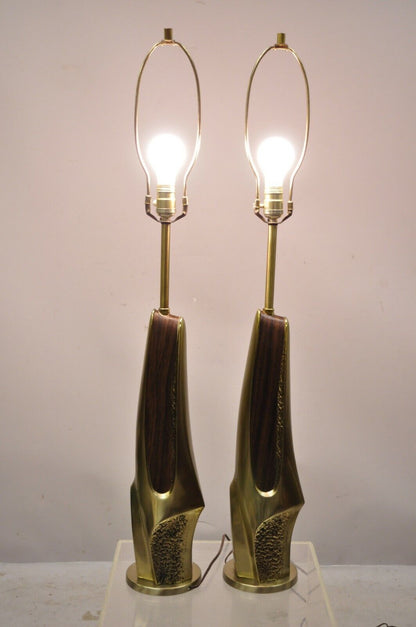 Laurel Mid Century Brutalist Modernist Brass Sculptural Table Lamps - a Pair