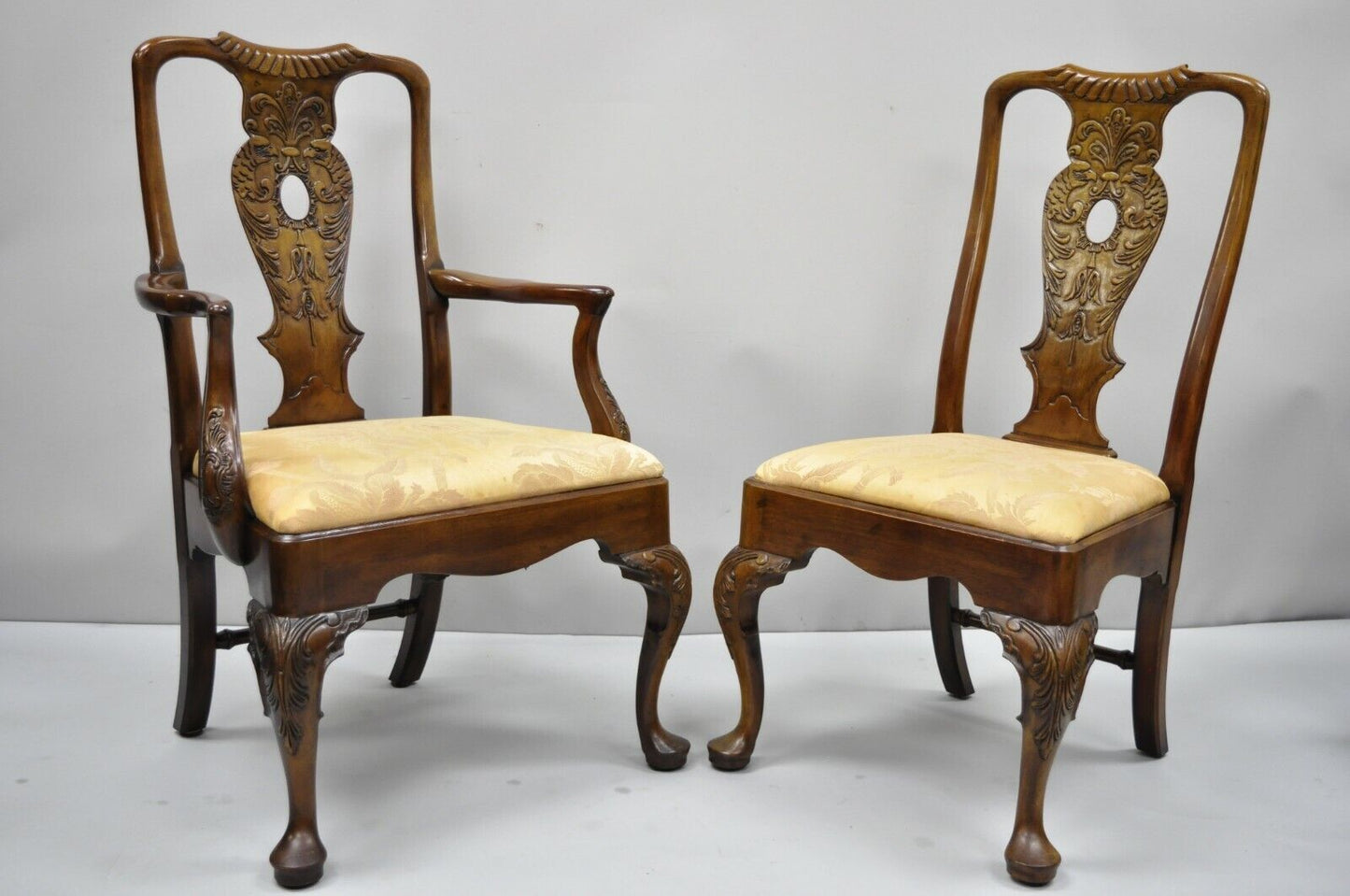 6 Henredon Aston Court Carved Wood Oriental Georgian Dining Chairs with Birds