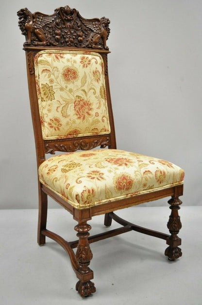 Pair 19th C. Carved Oak Winged Griffin Paw Foot Dining Chairs Attr. RJ Horner