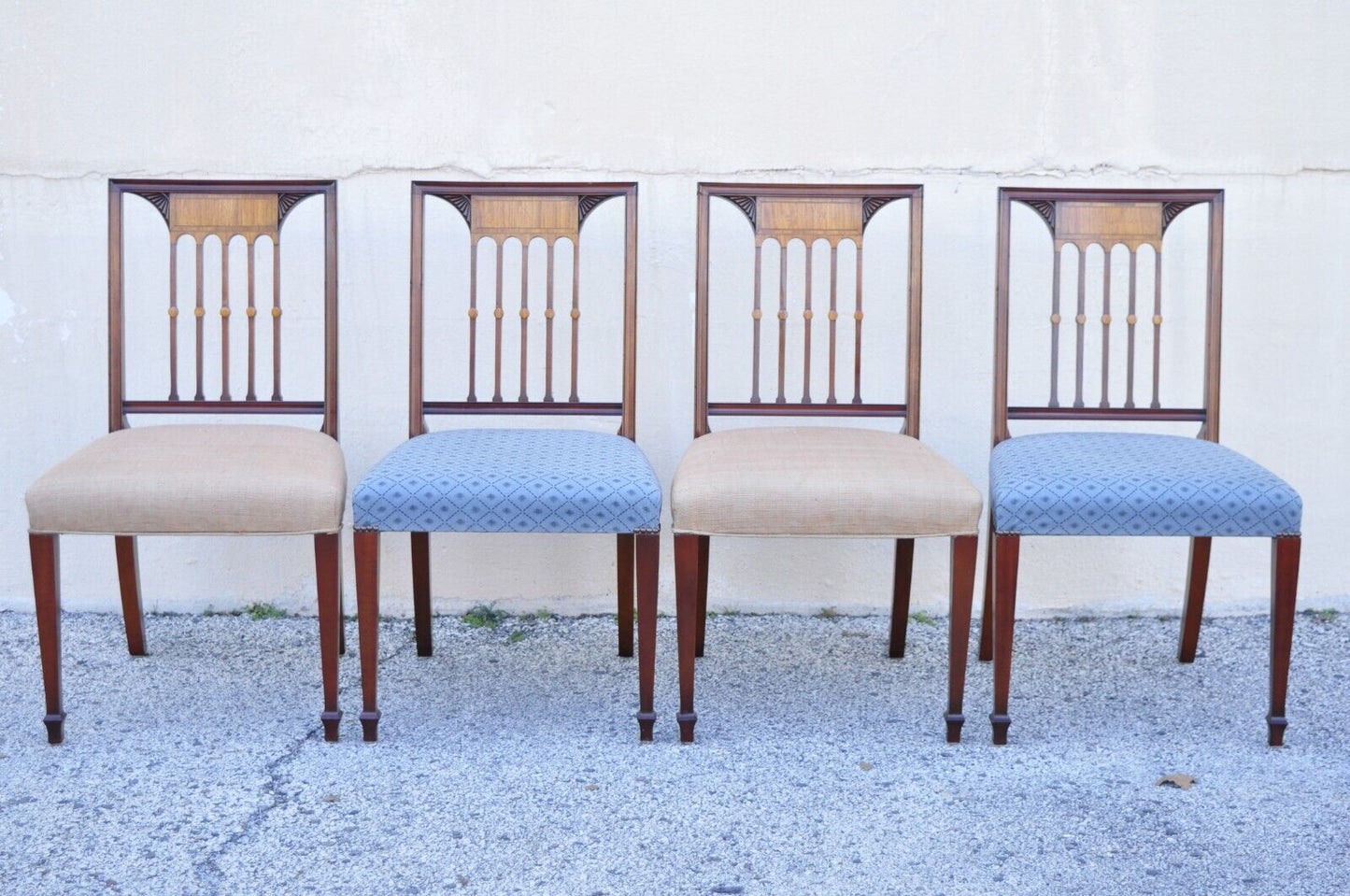 Vintage English Hepplewhite Style Mahogany Satinwood Inlay Dining Chairs - Set 6