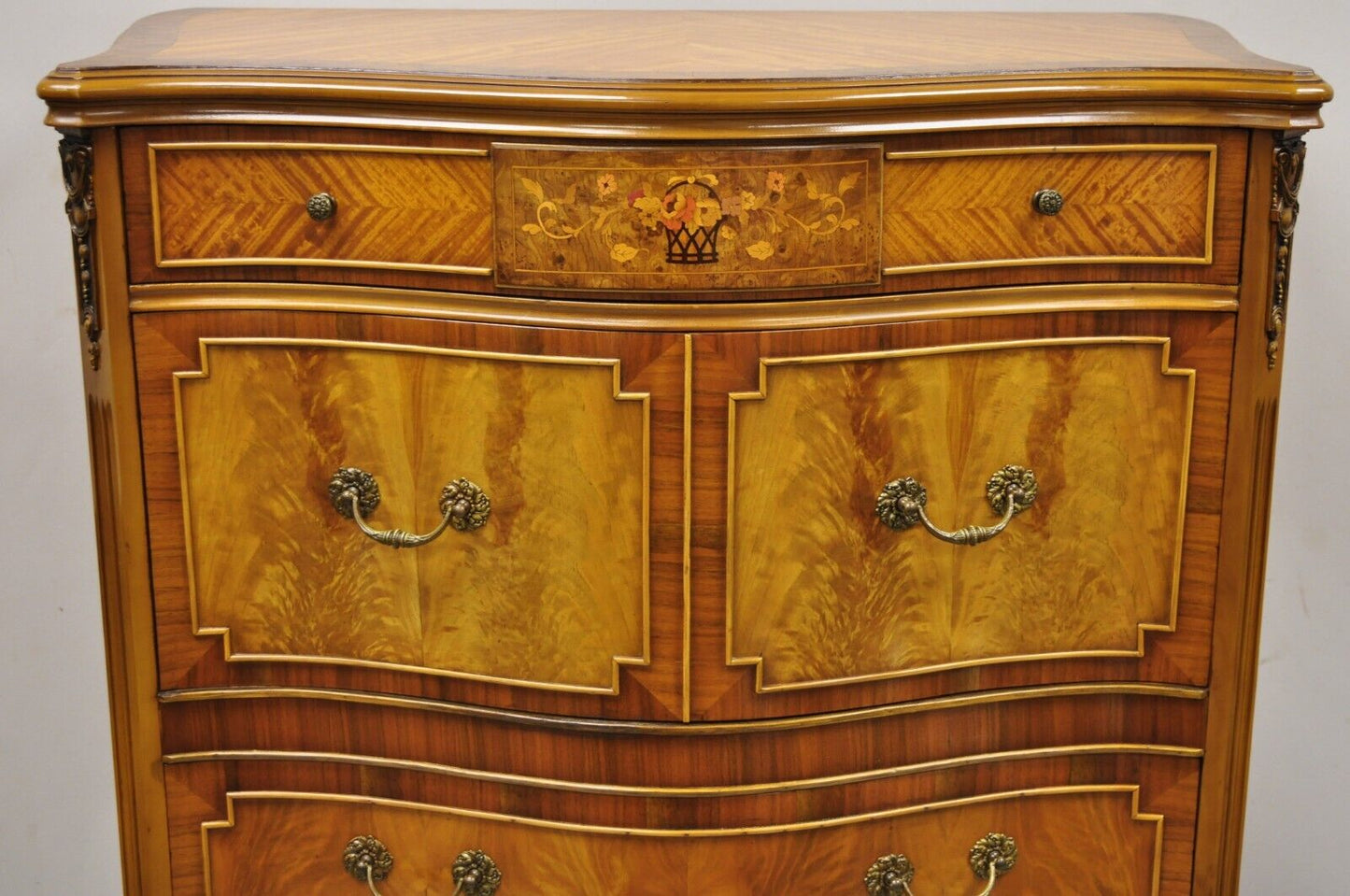 French Louis XV Style Satinwood Serpentine Highboy Tall Chest Dresser by Joerns