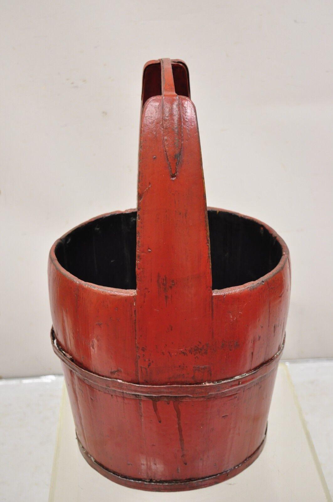 Vintage Rustic Primitive Chinese Wooden Red Painted Water Bucket with Handle