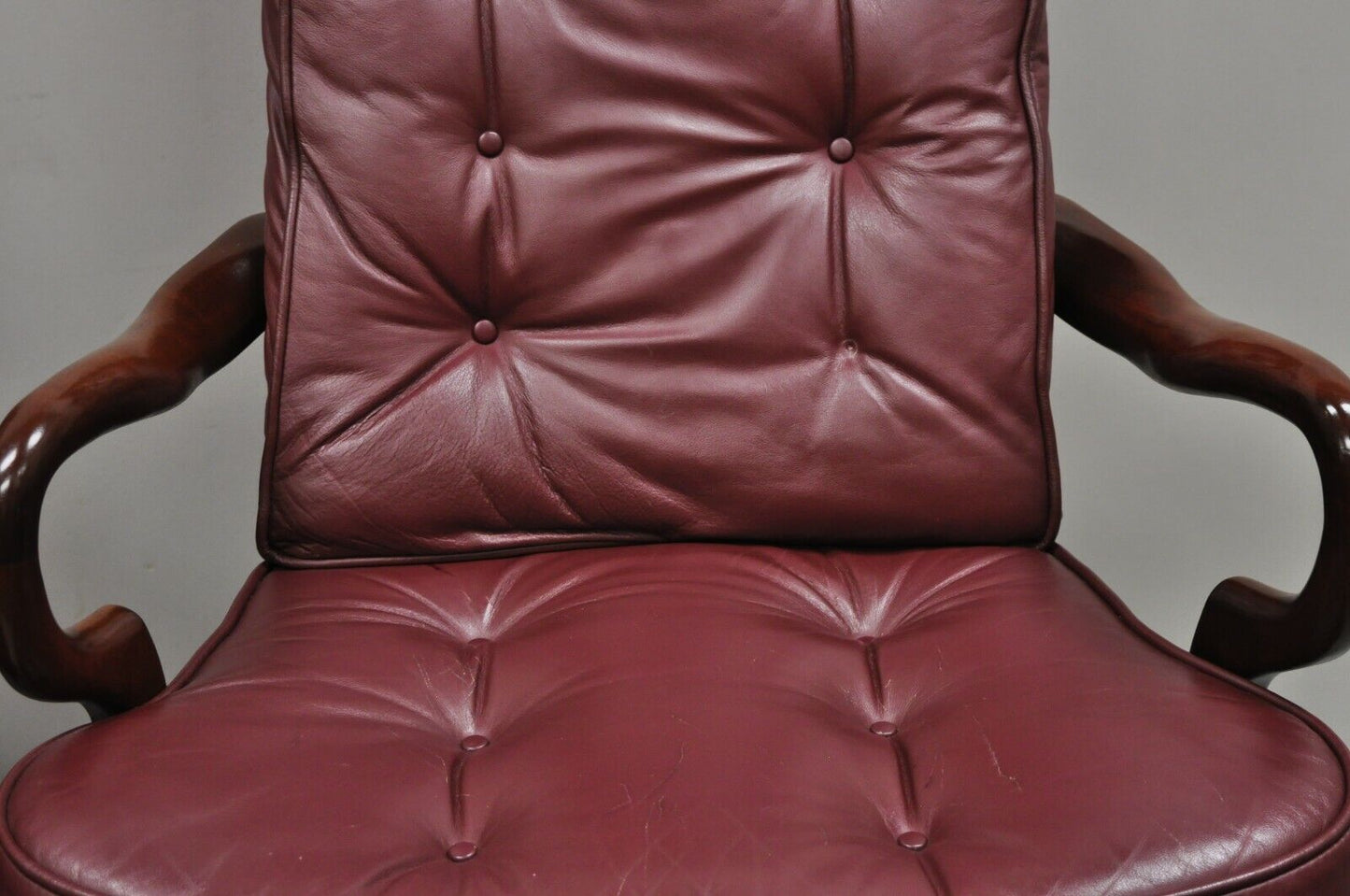 St Timothy Chair Co Burgundy Leather Queen Anne Library Office Arm Chairs - Pair