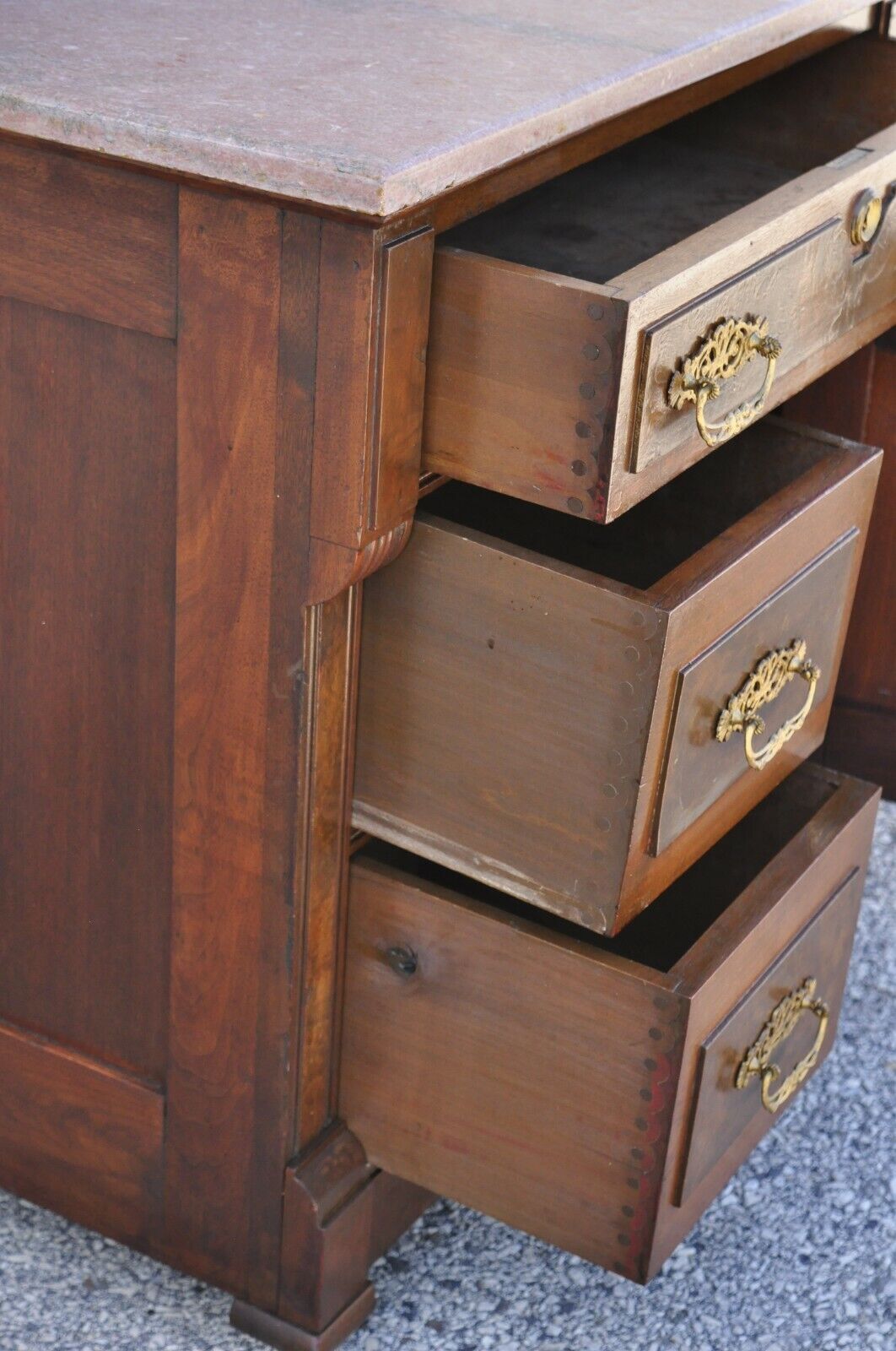 Antique Eastlake Victorian Walnut Washstand Commode with Marble Top Backsplash