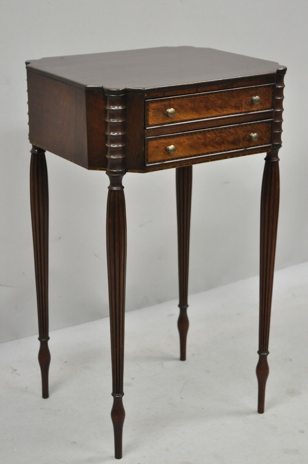 19th C. Antique American Sheraton Tall Tapered Leg Burl Wood Nightstand Table