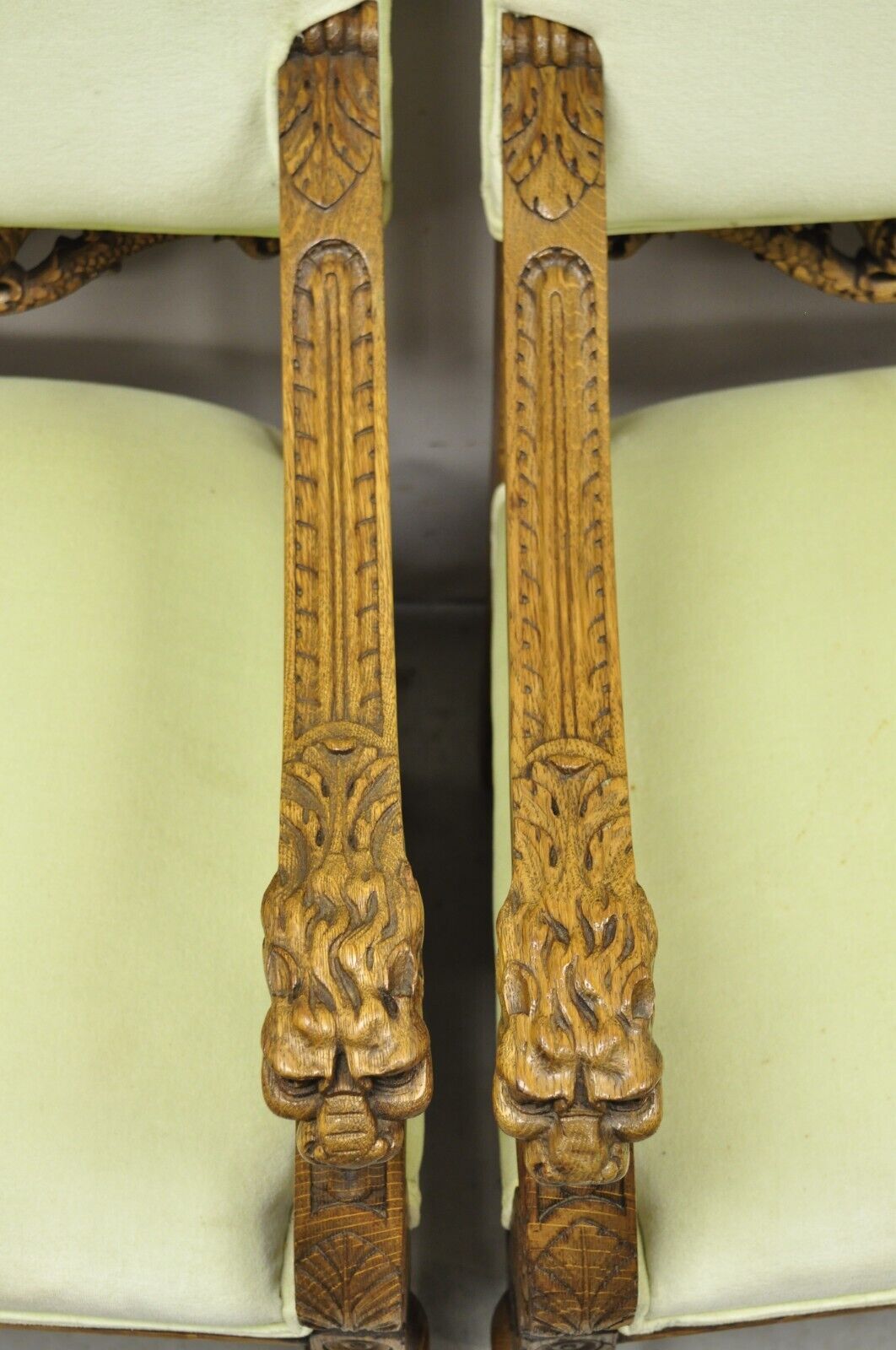 Antique Italian Renaissance Carved Oak Wood Lion Head Paw Feet Arm Chairs - Pair