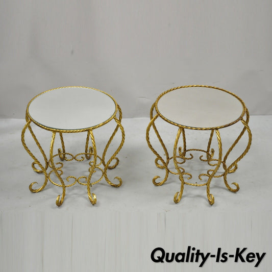 Vintage Italian Hollywood Regency Gold Gilt Glass Top Low Side Tables - a Pair