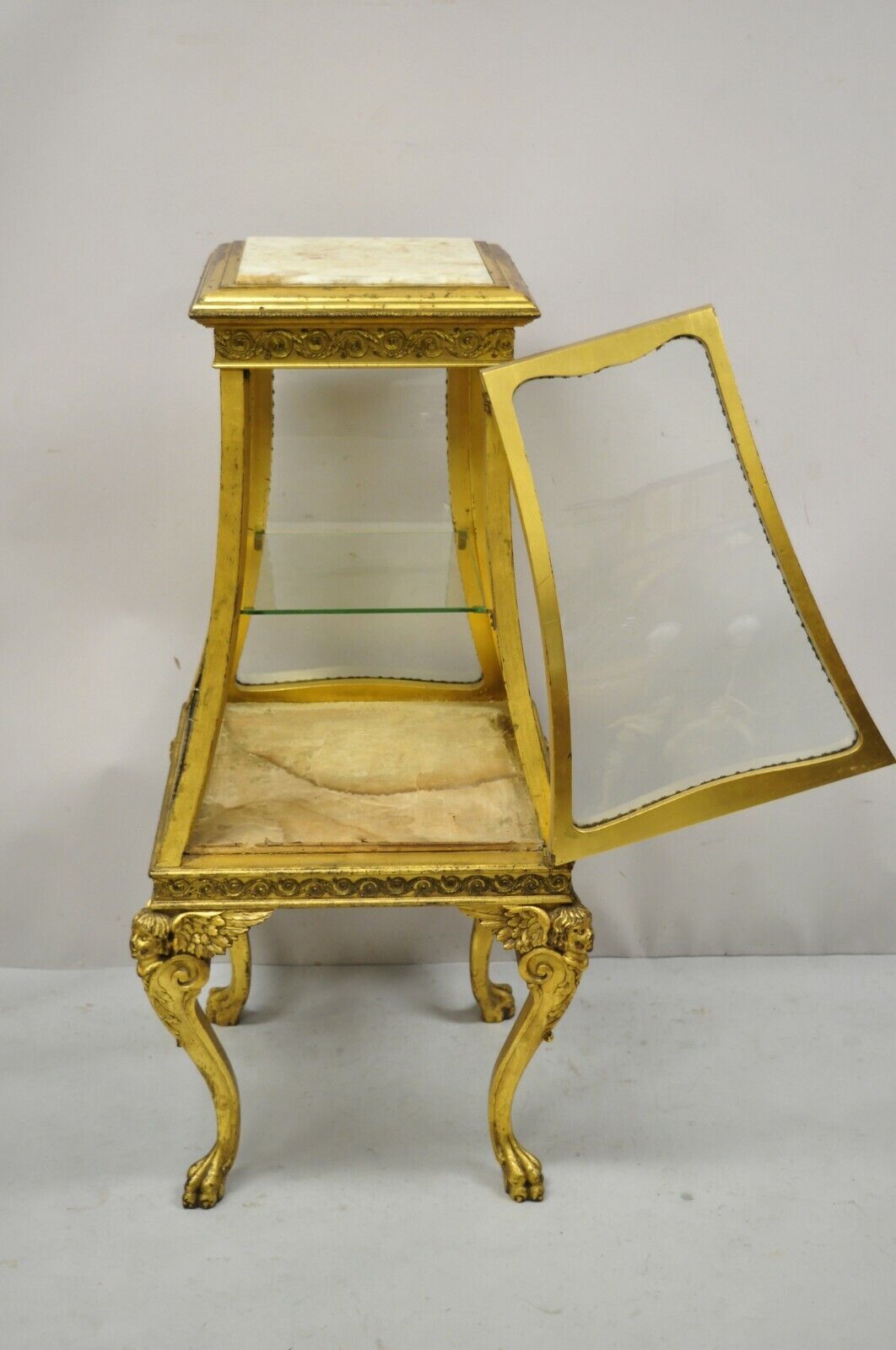 French Empire Wing Cherub Gold Gilt Vitrine Curio Display Cabinet Onyx Pedestal