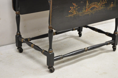 Antique Chinoiserie Asian Painted Small Black Dropleaf Side Table