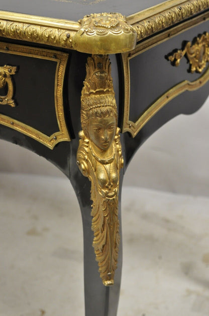 French Louis XV Black Lacquer Bronze Figural Ormolu Bureau Plat Writing Desk