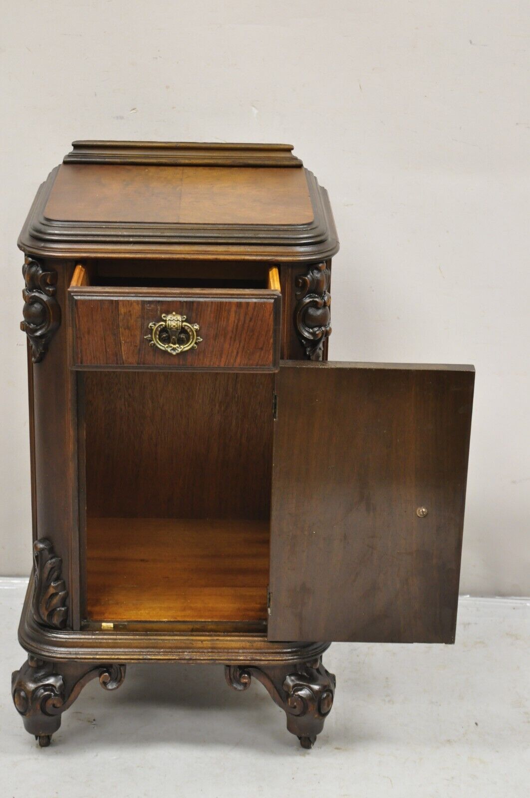 Antique Carved Walnut Renaissance Revival Depression Nightstand Bedside Table