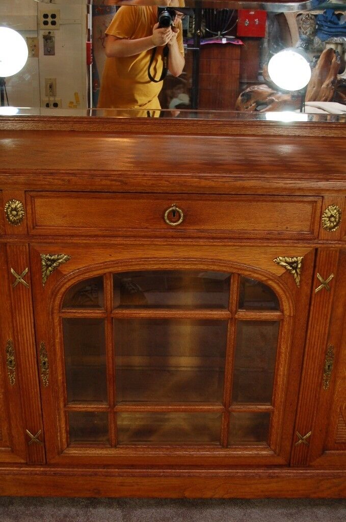 Antique French Country Louis XV Style Carved Oak Bronze Mount Sideboard Cabinet