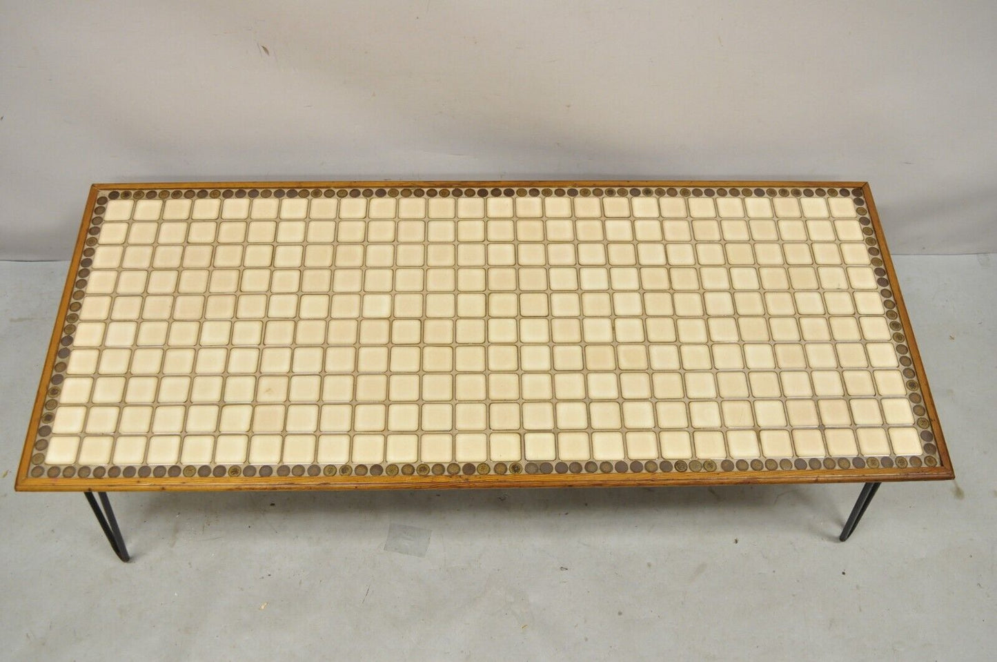 Vintage Mid Century Modern Beige Tile Top 51" Coffee Table w/ Iron Hairpin Legs