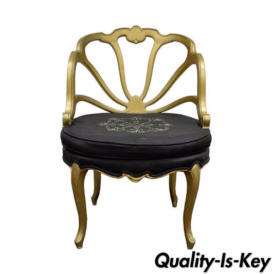 Vintage French Hollywood Regency Slipper Accent Chair Gold Shell Carved Boudoir
