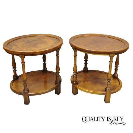 Vintage Hekman Italian Provincial Oak & Burlwood Two Tier Oval End Tables - Pair