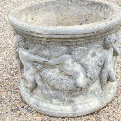 Vtg Henri Studio Concrete Cement 15" Round Classical Cherub Garden Planter Pot