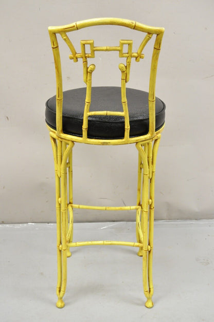 Vintage Chinese Chippendale Yellow Faux Bamboo Cast Aluminum Barstool Stool