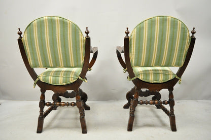 Antique Italian Renaissance Carved Walnut Savonarola Throne Arm Chairs - a Pair