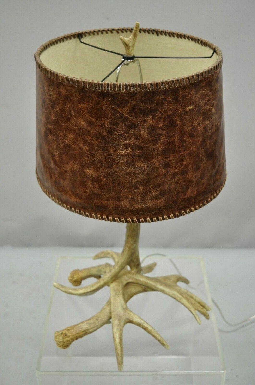 Faux Mule Deer Antler Horn Table Lamp with Brown Leather Shade