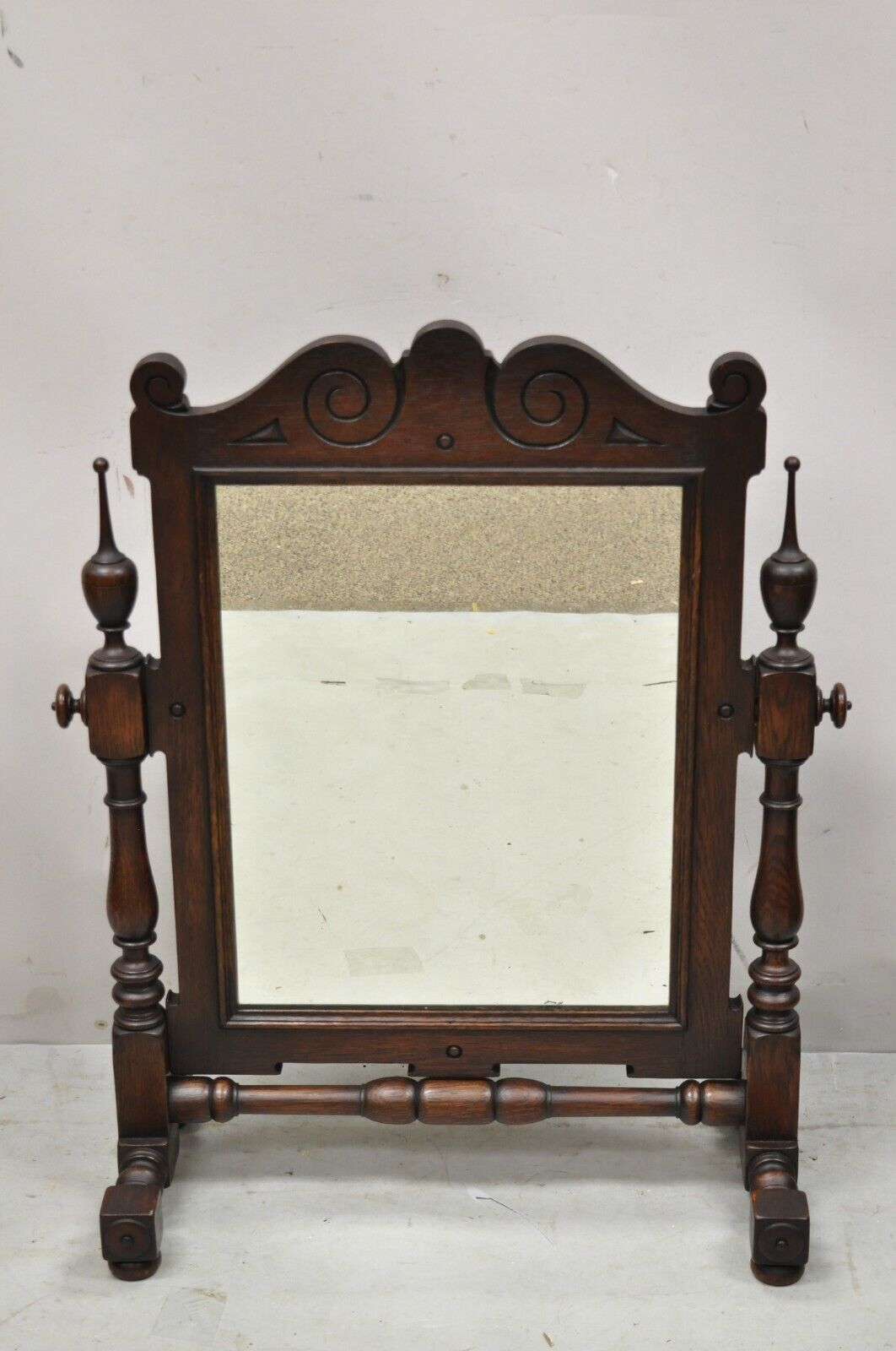 Antique Jacobean Style Oak Wood Pivoting Dresser Shaving Mirror