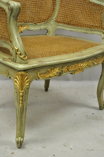 Antique French Louis XV Victorian Distressed Green Gold Gilt Cane Bergere Chair