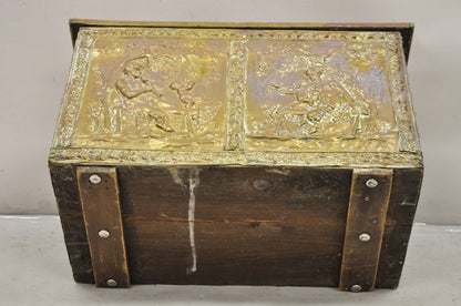 19th C. English Victorian Figural Repousse Brass Clad Coal Bin Storage Chest