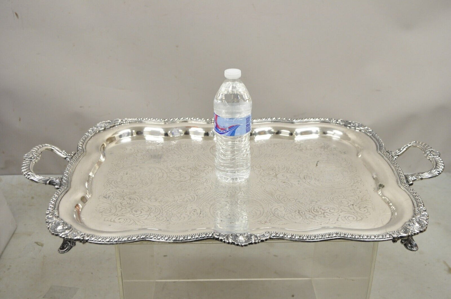 Antique English Victorian Large Silver Plated Scalloped Serving Platter Tray