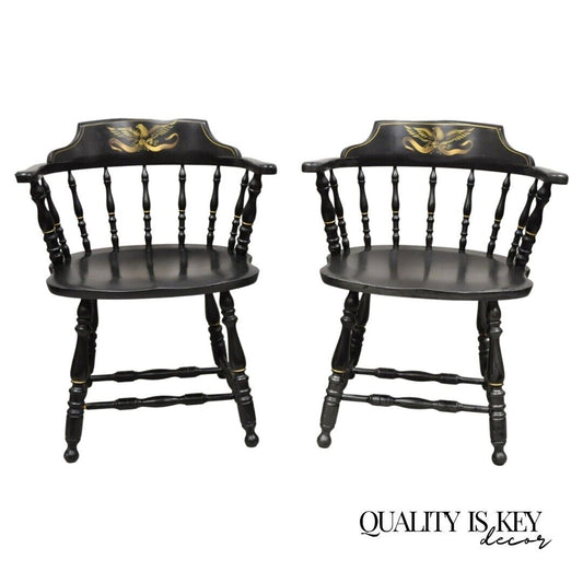 Vintage S. Bent & Bros Black Painted Eagle Colonial Style Pub Chairs - a Pair