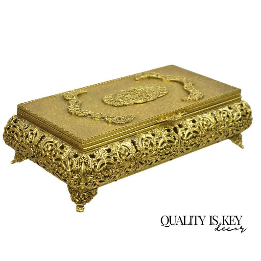 Vtg French Hollywood Regency Style Gold Filigree Vanity Jewelry Box by Globe