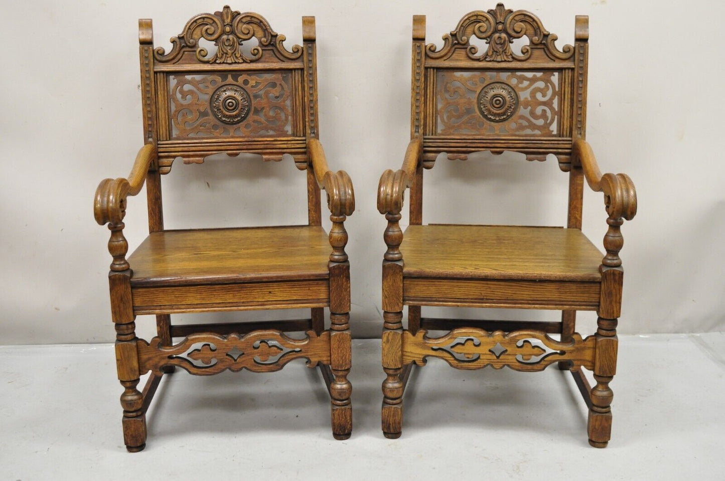 Antique Vanleigh Carved Oak Italian Renaissance Style Throne Arm Chairs - a Pair