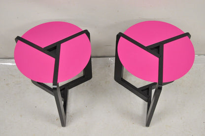 Vintage Memphis Style Steel and Wood Pink Tripod Side Table - A Pair