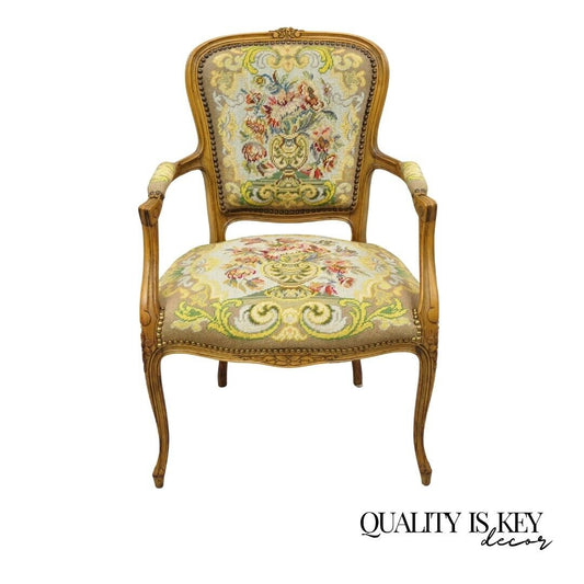 Vintage French Country Louis XV Style Italian Walnut Floral Needlepoint Armchair