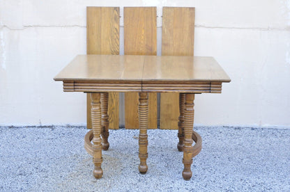 Antique American Victorian Oak Wood Square Extension Dining Table with 3 Leaves