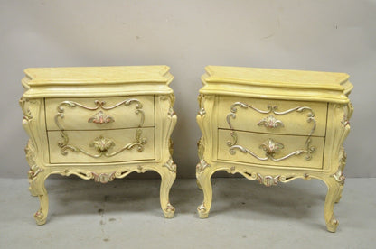 Italian Rococo Cream Lacquer 2 Drawer Nightstands Bombe Bedside Commode - a Pair