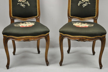 French Provincial Louis XV Walnut Side Chairs w/ Ship Boat Crewel Work - a Pair