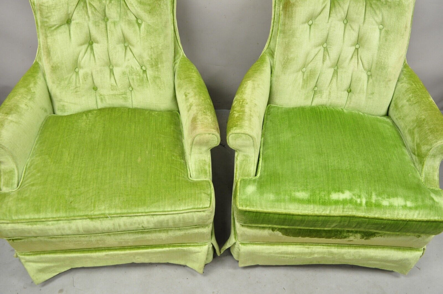 Pair Silver Craft Lime Green Upholstered Button Tufted Club Lounge Chairs