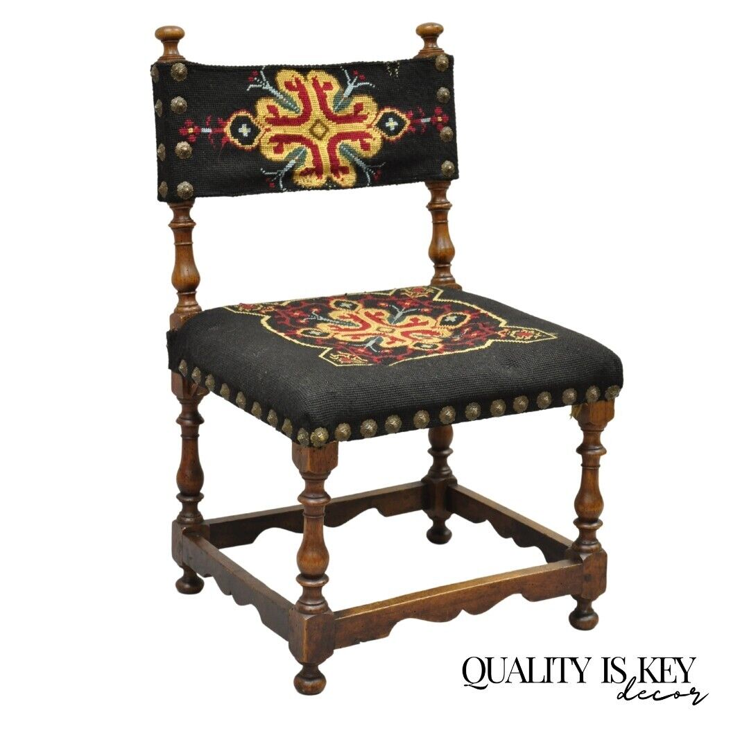 Antique Italian Renaissance Turn Carved Walnut Tapestry Small Childs Side Chair