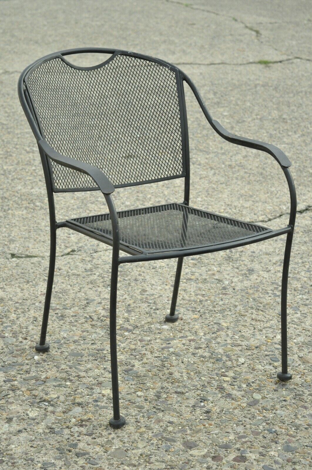 20th C Modern Wrought Iron Sculptural Black Outdoor Arm Chairs - Set of 4