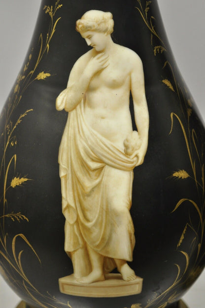 Antique French Neoclassical Black Porcelain Classical Bulbous Table Lamps - Pair