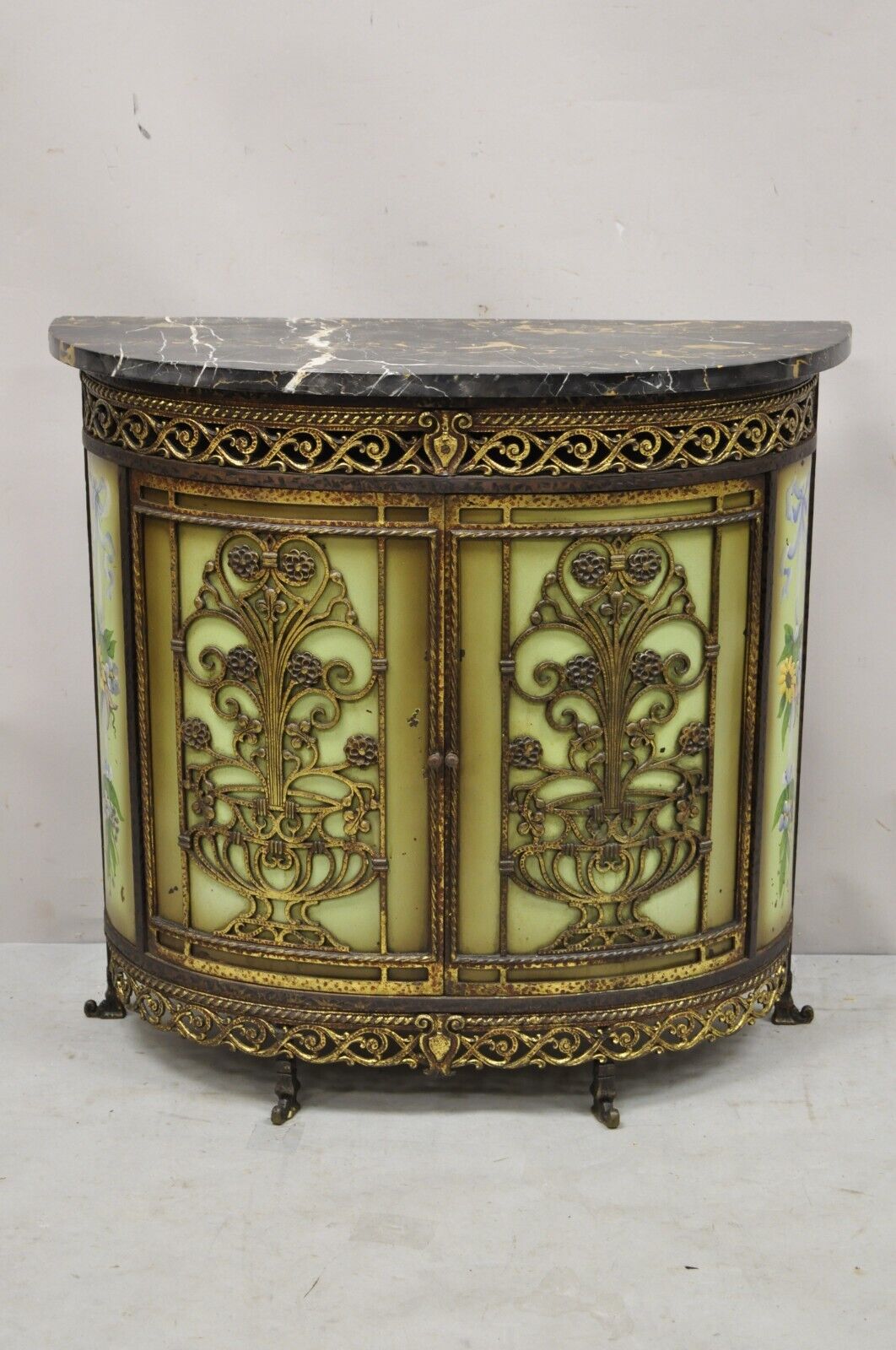 French Victorian Wrought Iron Oscar Bach Demilune Marble Top Console Cabinet