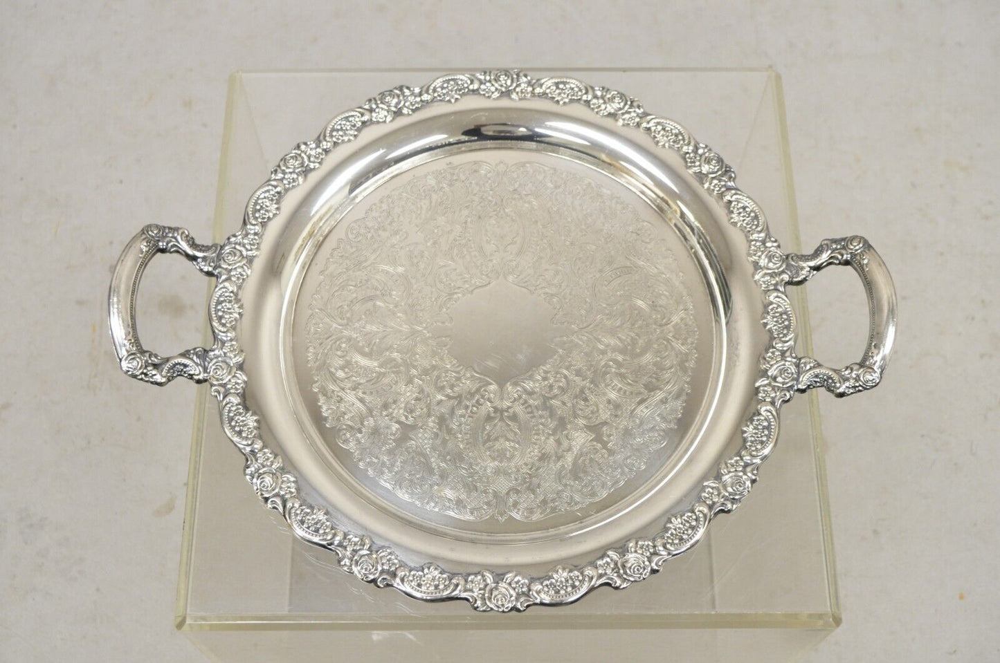 Vtg Oneida Victorian Style Round Silver Plated Serving Platter Tray w handles