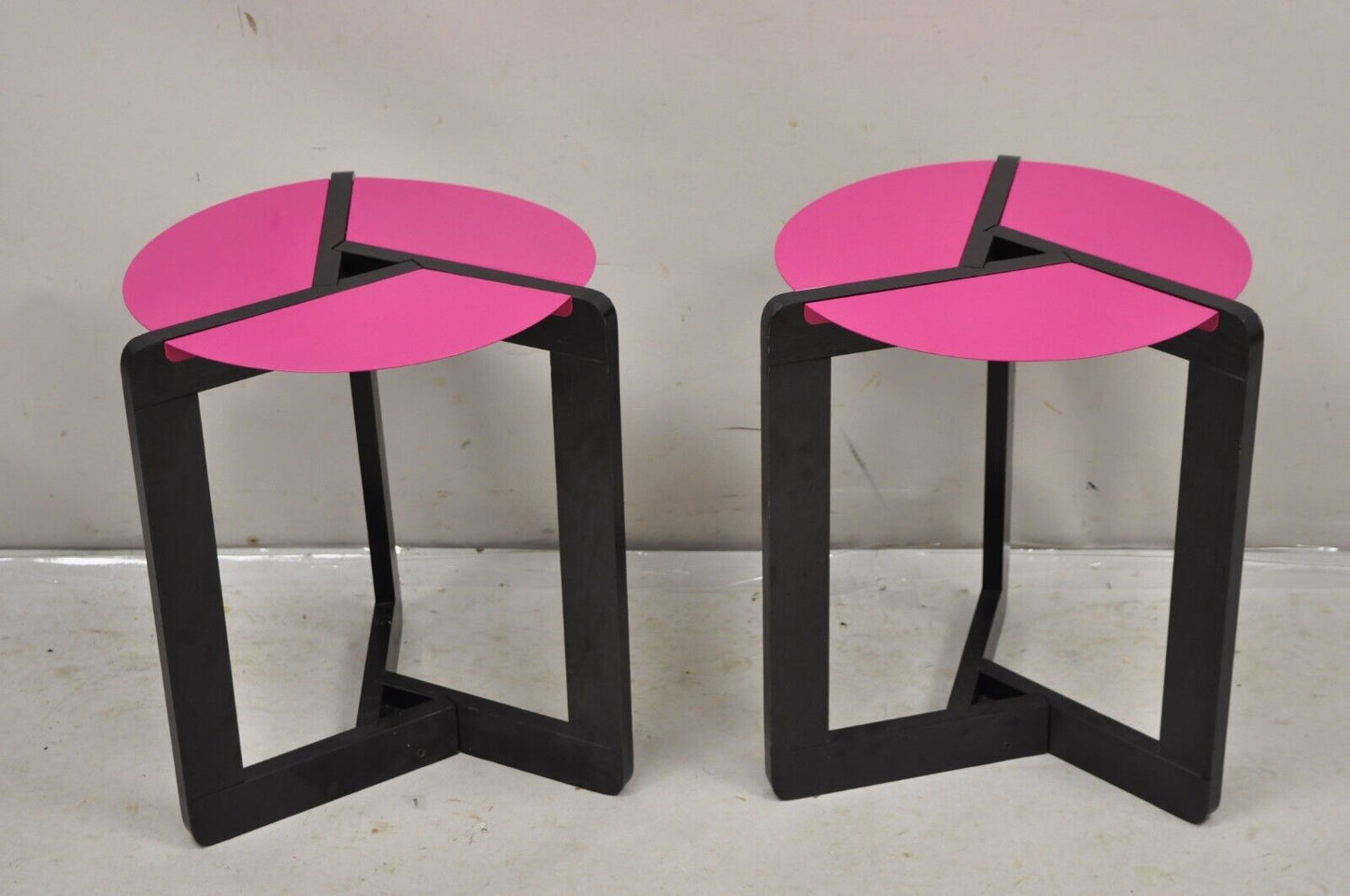 Vintage Memphis Style Steel and Wood Pink Tripod Side Table - A Pair