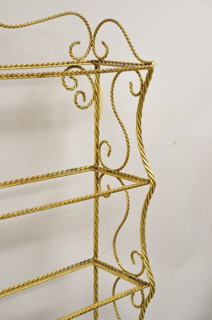 Italian Hollywood Regency Gold Gilt Iron 5 Tier Rope Tassel Etagere Shelf Stand