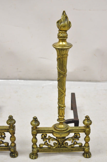 Antique French Empire Style Flame Finial Brass and Cast Iron Andirons - a Pair