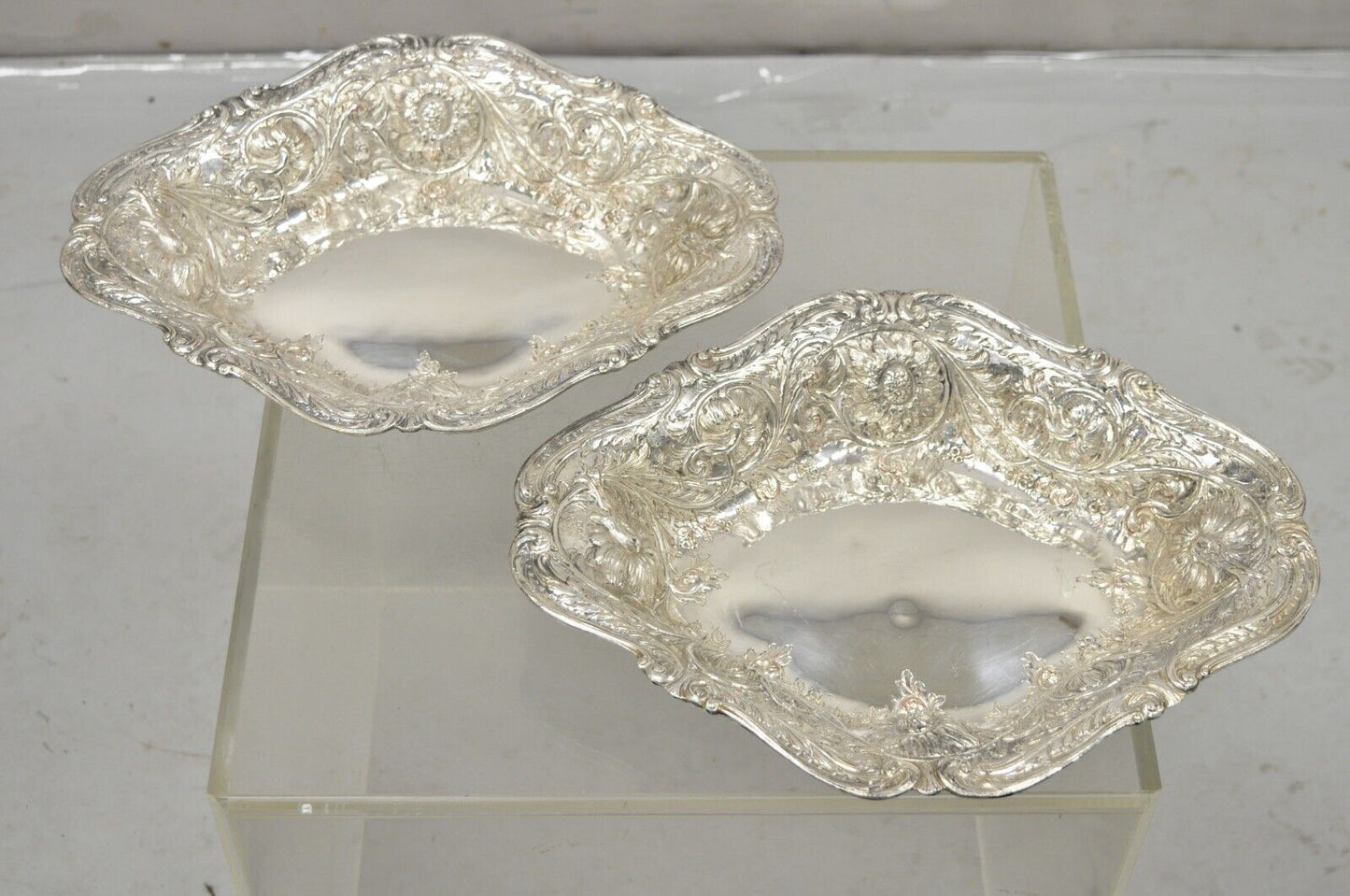 Pair M&H English Victorian Art Nouveau Silver Plate Floral Repousse Fruit Bowls