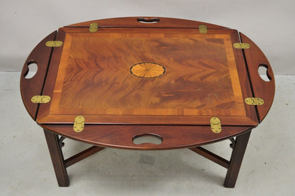 Vintage Hekman Butlers Tray Table Mahogany Coffee Table w/ Pinwheel Inlay
