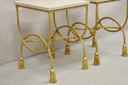 Italian Hollywood Regency Gold Gilt Iron Rope Tassel Marble Top Side Table Pair