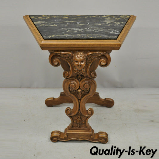 Italian Renaissance Figural Carved Marble Top Side Table with Winged Cherub Head